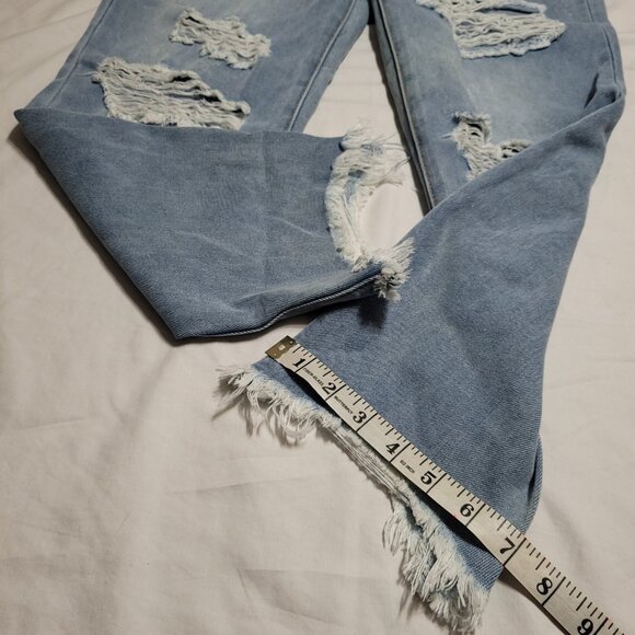 New High Rise Straight Leg Distressed Jeans Slim Fit Recycled Repreve Raw Hem 26 - Picture 9 of 10